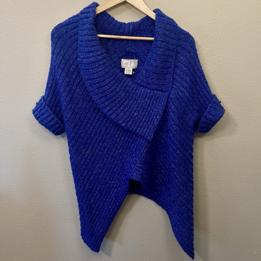 Alberto Makali Asymmetrical Sweater Shawl‎ Neck Short Sleeve Royal Blue Size XL